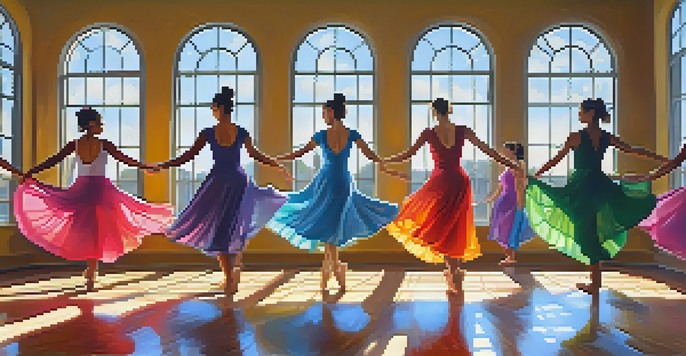 A bright dance studio with diverse dancers in colorful outfits, expressing joy and relaxation as they move gracefully to music.