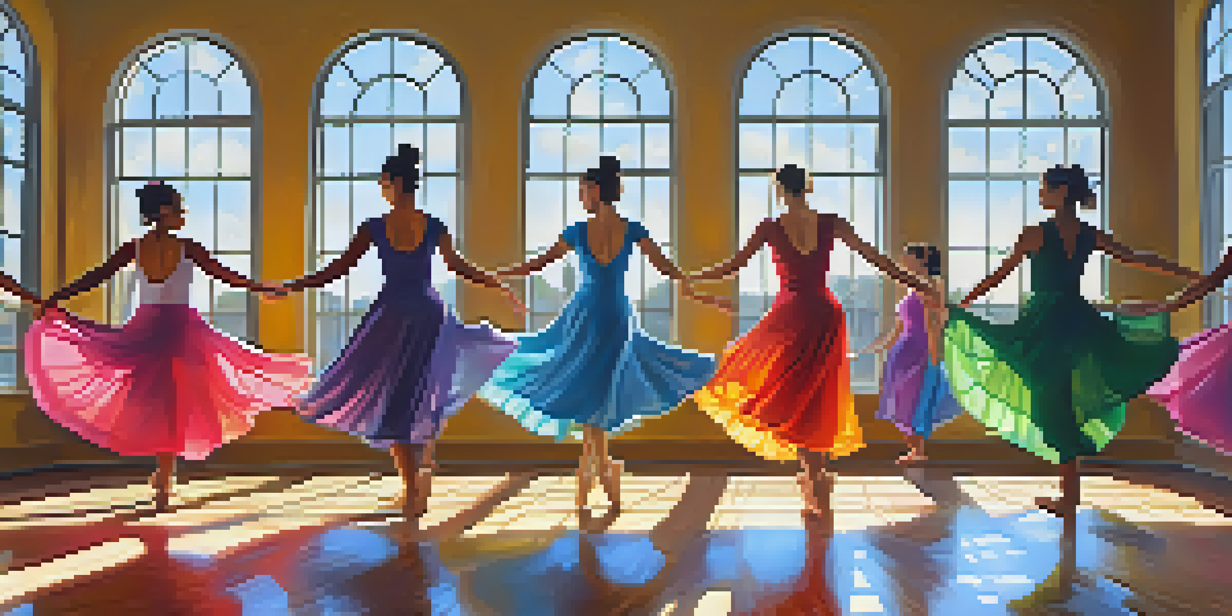 A bright dance studio with diverse dancers in colorful outfits, expressing joy and relaxation as they move gracefully to music.