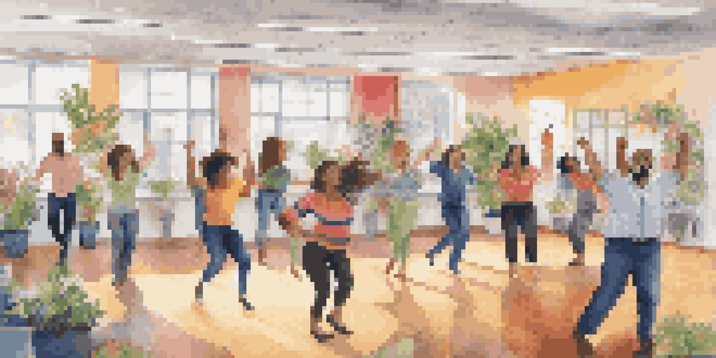 A lively office environment with employees dancing together, smiling and enjoying the moment.
