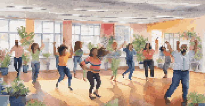 A lively office environment with employees dancing together, smiling and enjoying the moment.