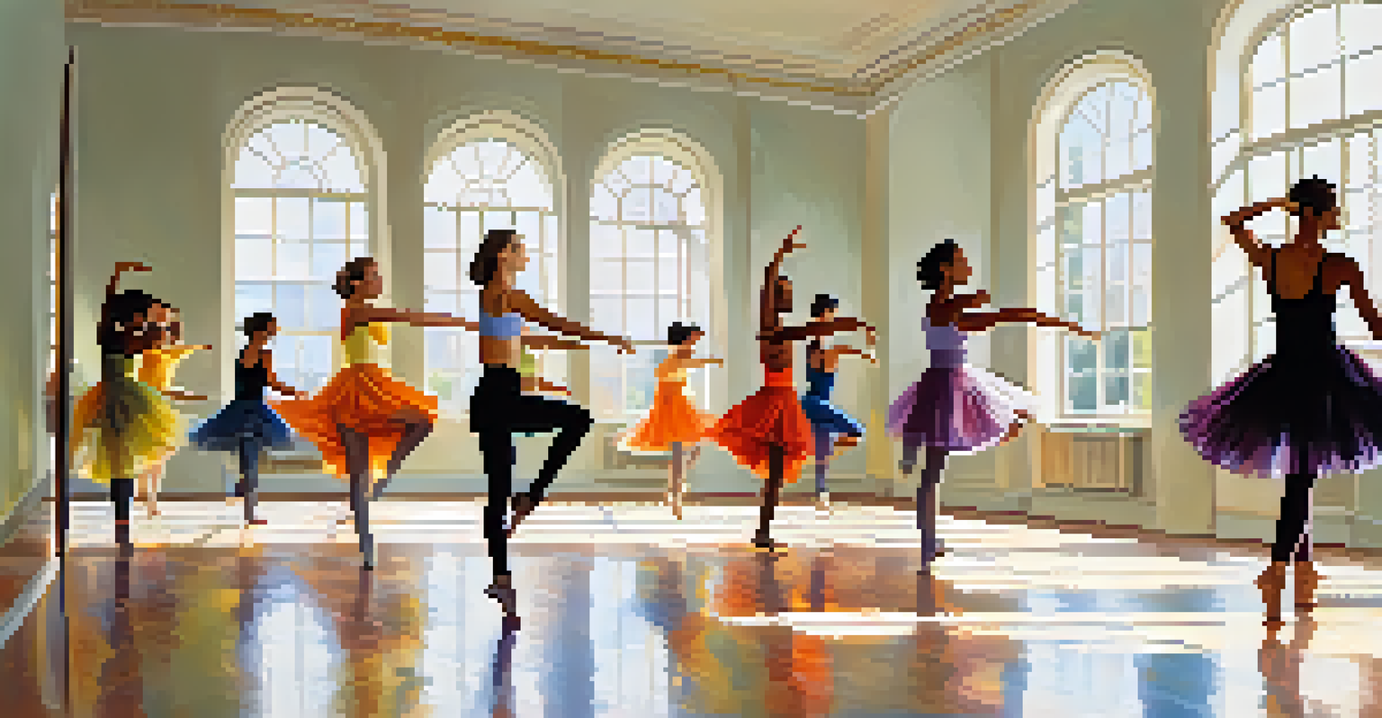 Diverse dancers rehearsing in a bright studio with mirrors, practicing choreography together, illuminated by natural light.