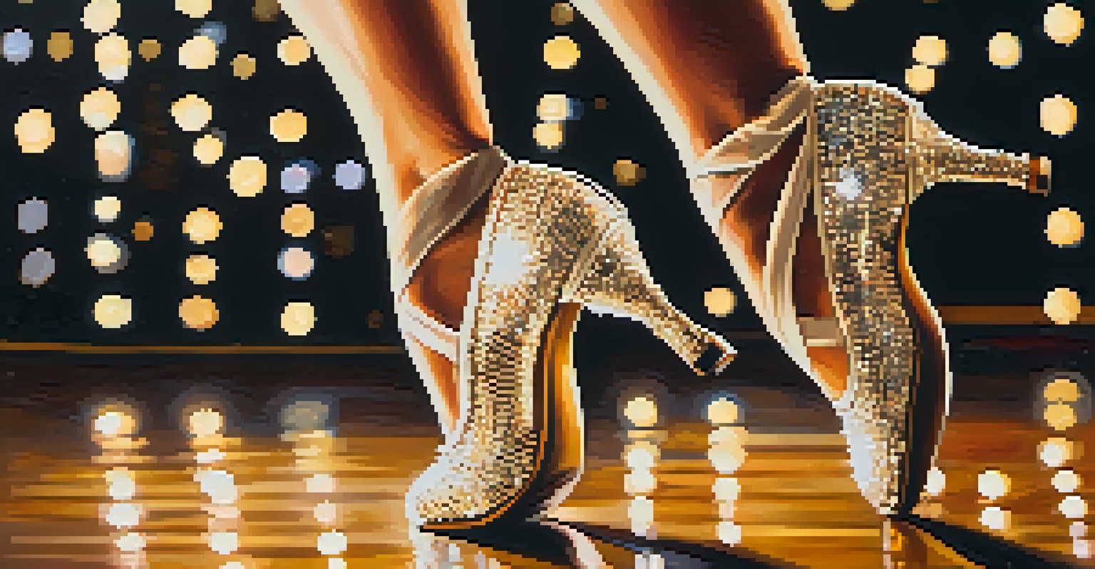 Close-up of a dancer's feet in stylish shoes on a polished wooden stage with warm lighting.