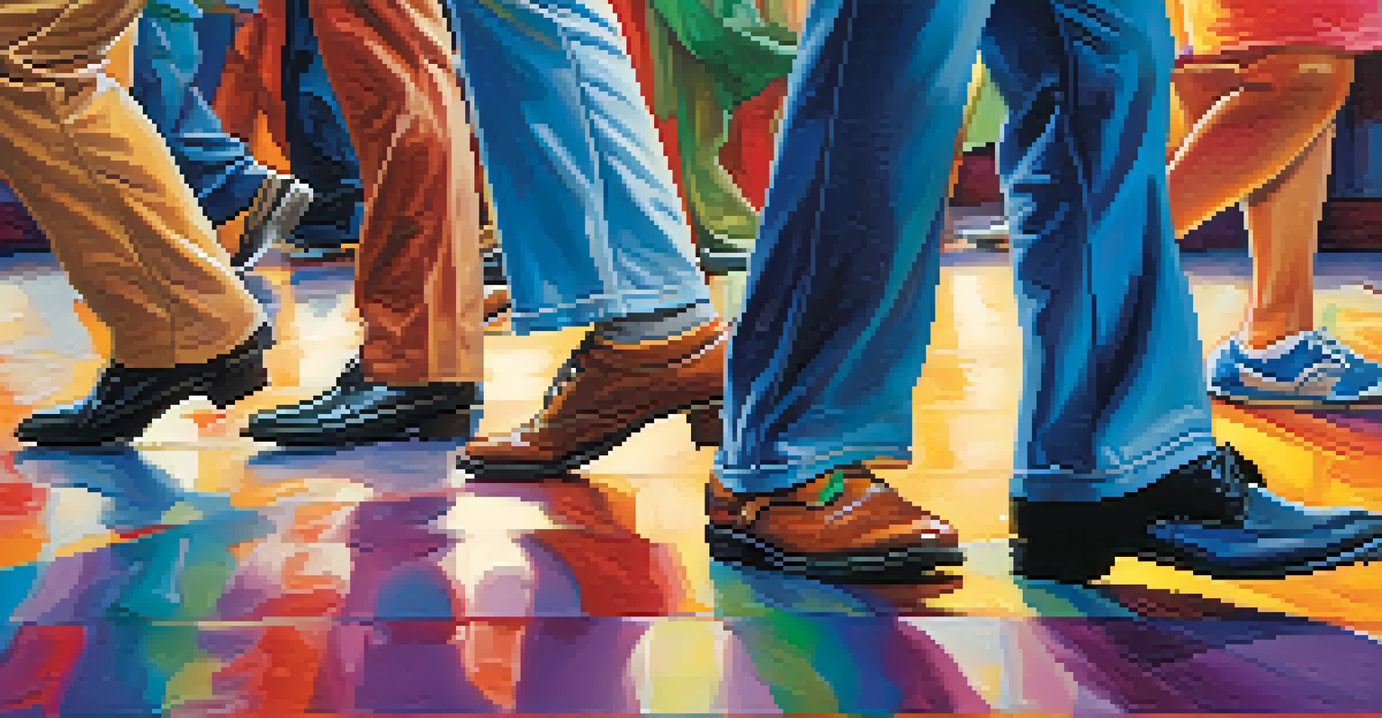 Close-up of seniors' feet dancing in a line dance with colorful shoes.