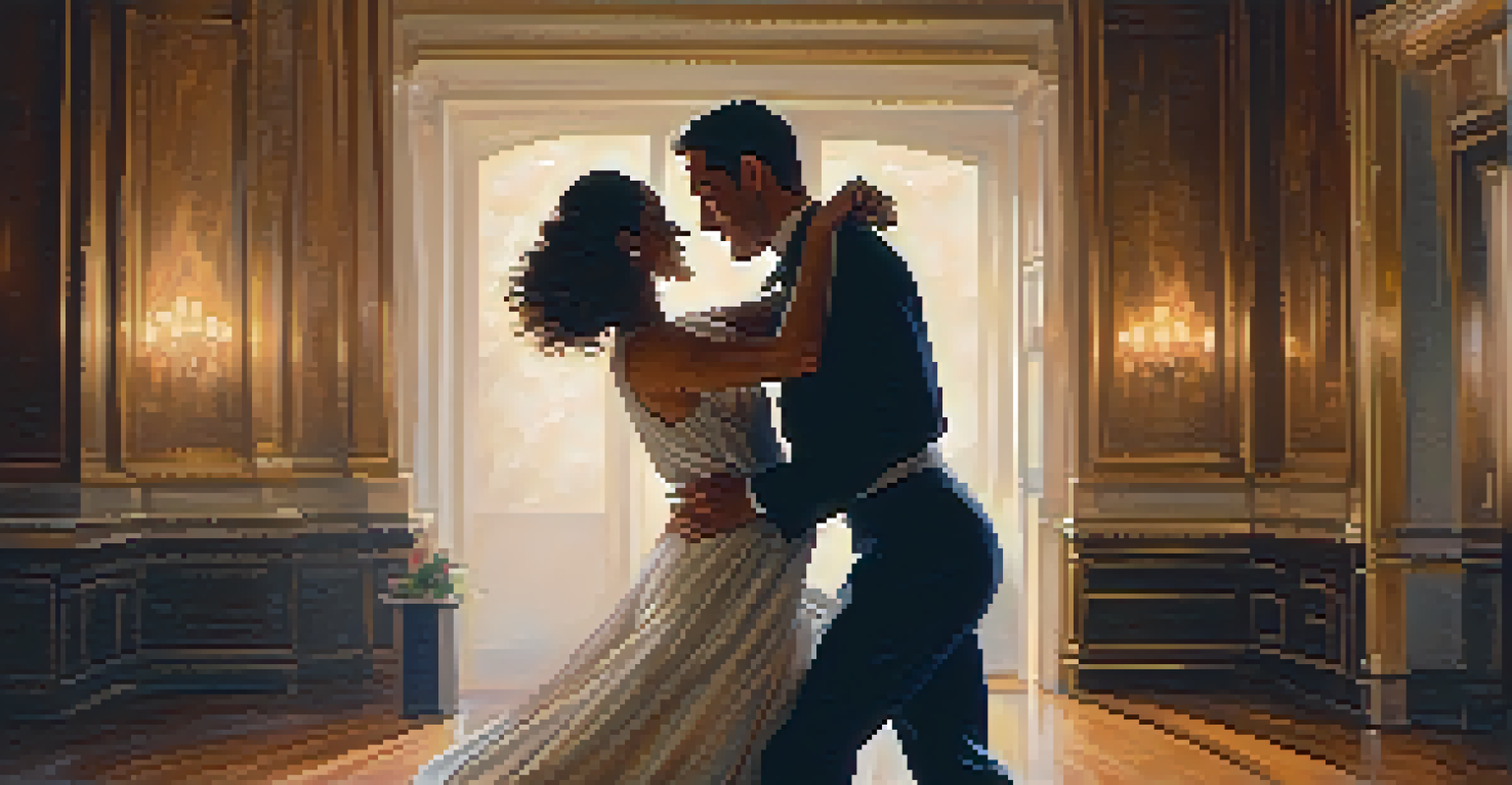 A couple dancing gracefully in a dimly lit room, highlighting their elegant movements and joyful expressions.