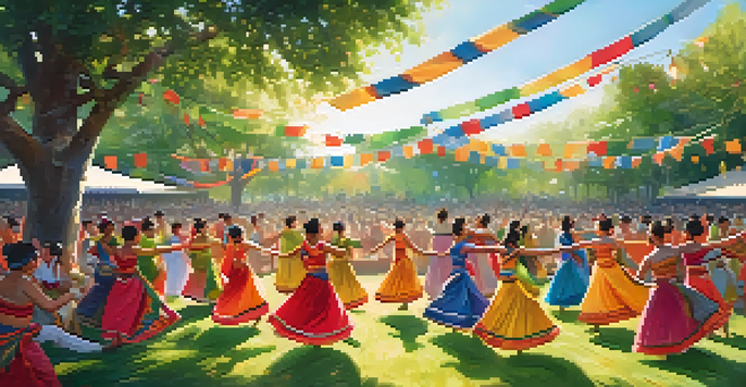 A lively outdoor dance festival with dancers in traditional clothing performing in a green park, with an audience watching and colorful decorations around.