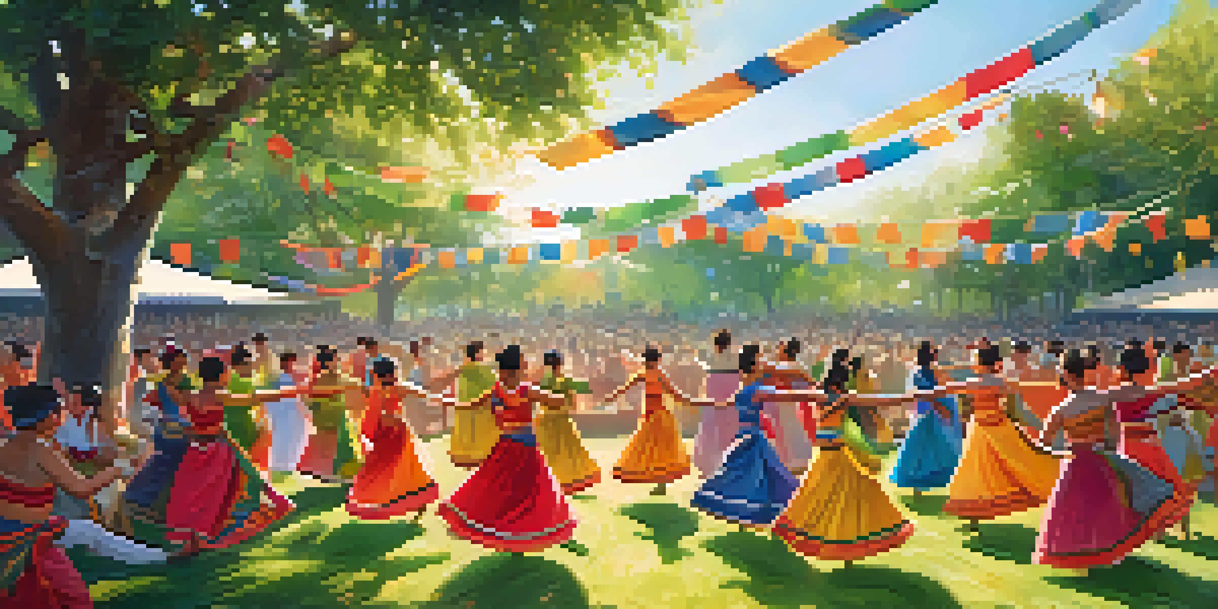 A lively outdoor dance festival with dancers in traditional clothing performing in a green park, with an audience watching and colorful decorations around.