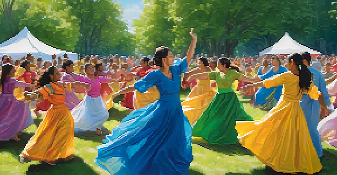 A lively community dance workshop in a park, featuring diverse participants in colorful costumes dancing joyfully under sunlight.