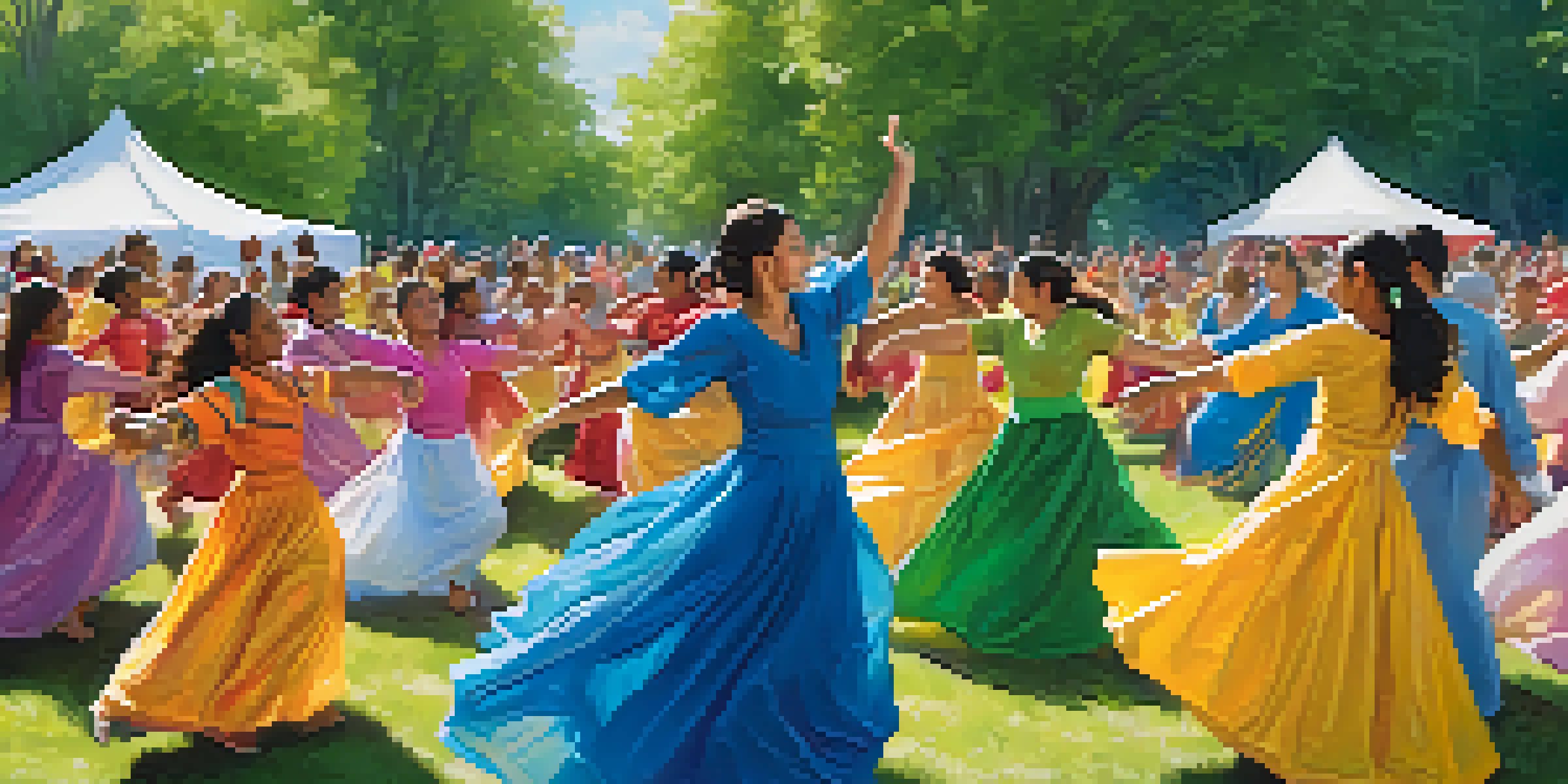 A lively community dance workshop in a park, featuring diverse participants in colorful costumes dancing joyfully under sunlight.