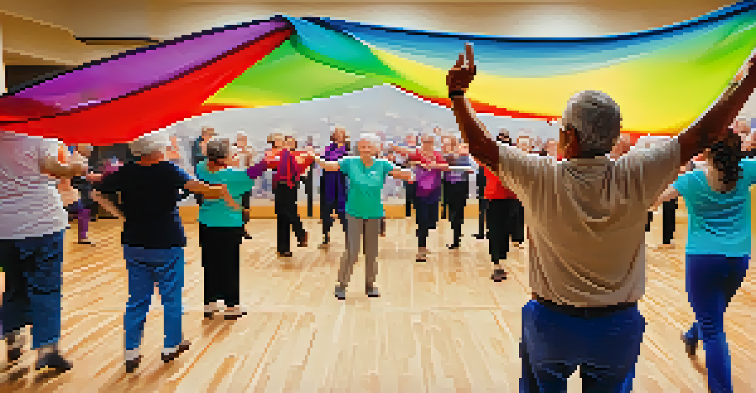 A close-up of a senior man's hands holding a colorful scarf during a dance therapy session, with blurred participants in the background.