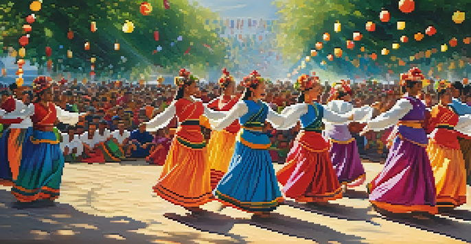 A lively festival with dancers in traditional costumes performing in front of a diverse audience, surrounded by colorful decorations and sunlight filtering through trees.