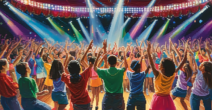 A lively dance competition in a school auditorium with diverse students performing on stage, colorful lights, and an engaged audience.