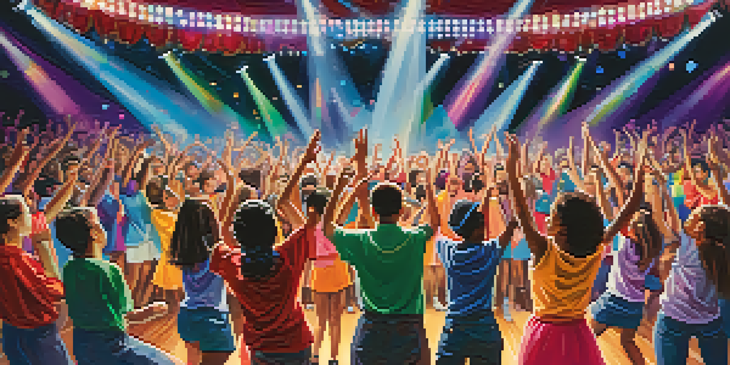 A lively dance competition in a school auditorium with diverse students performing on stage, colorful lights, and an engaged audience.