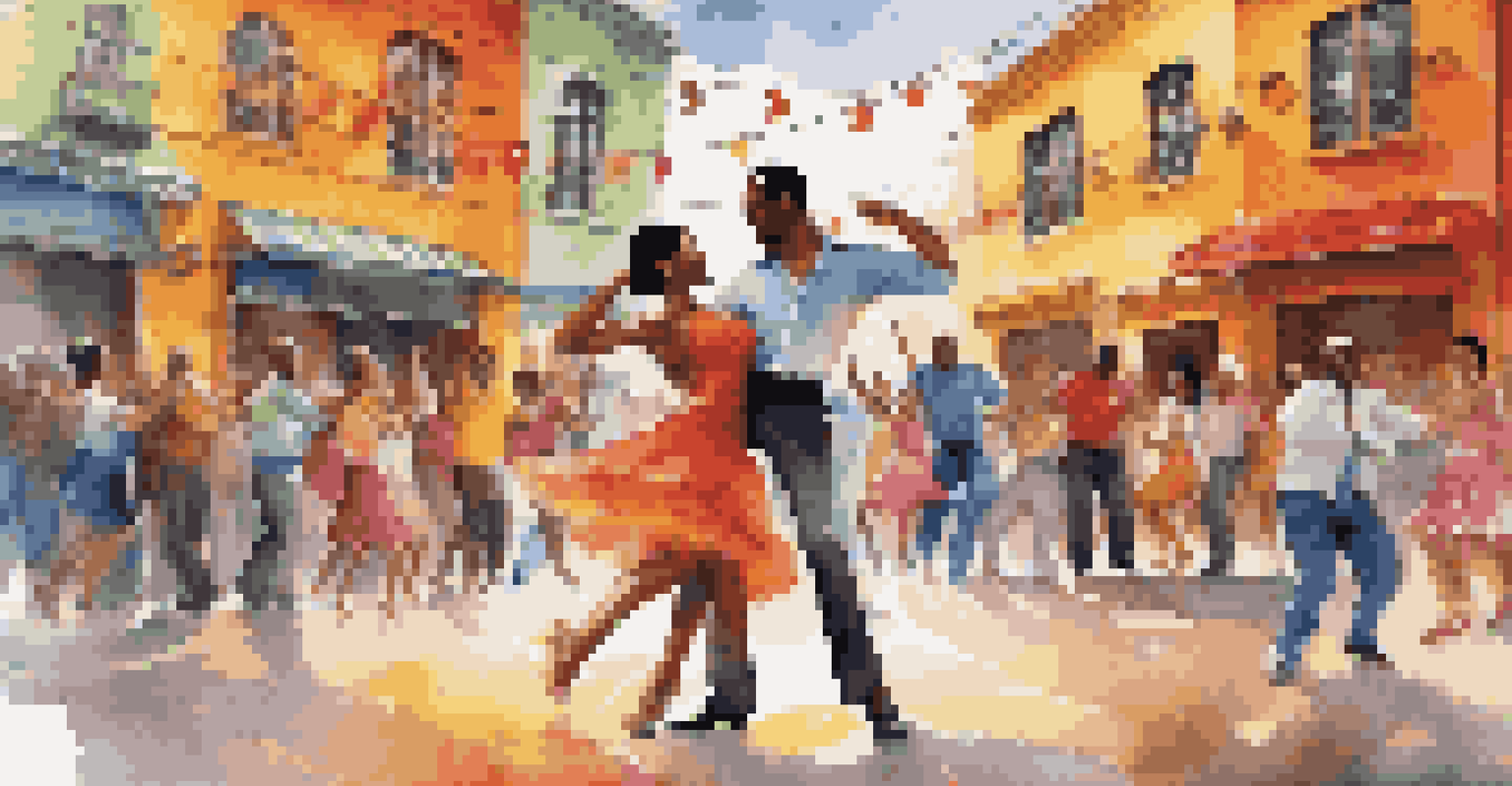 A couple dancing salsa in an urban setting, surrounded by colorful murals and festive decorations, with musical notes in the air.