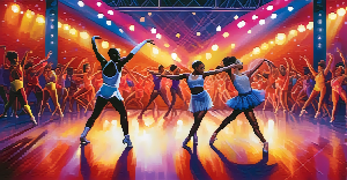 A lively dance competition with diverse dancers performing on stage, illuminated by colorful lights, while an engaged audience watches in the foreground.