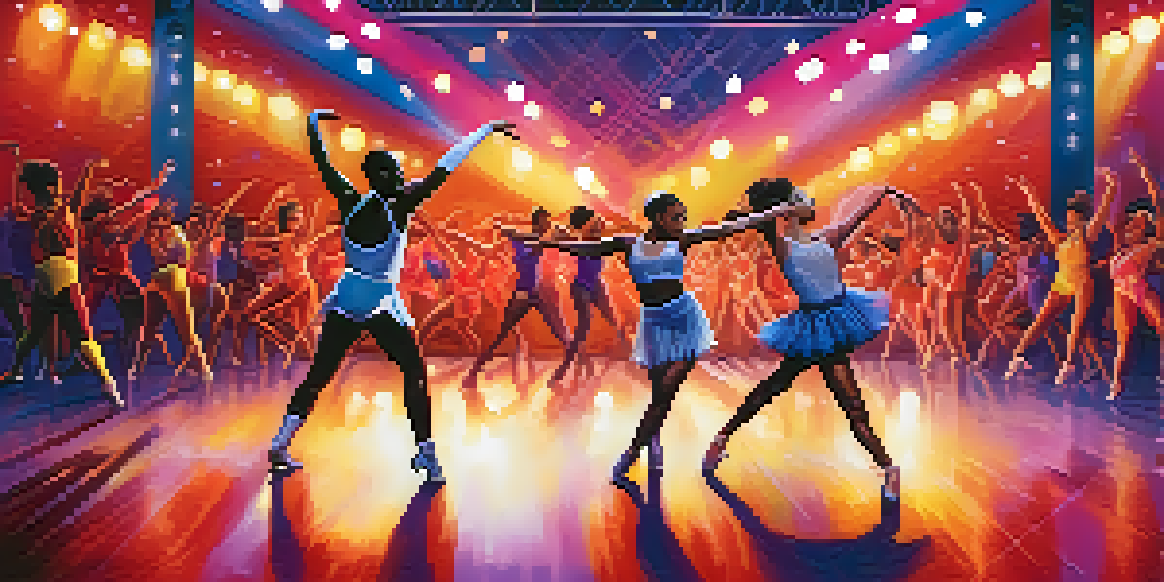 A lively dance competition with diverse dancers performing on stage, illuminated by colorful lights, while an engaged audience watches in the foreground.