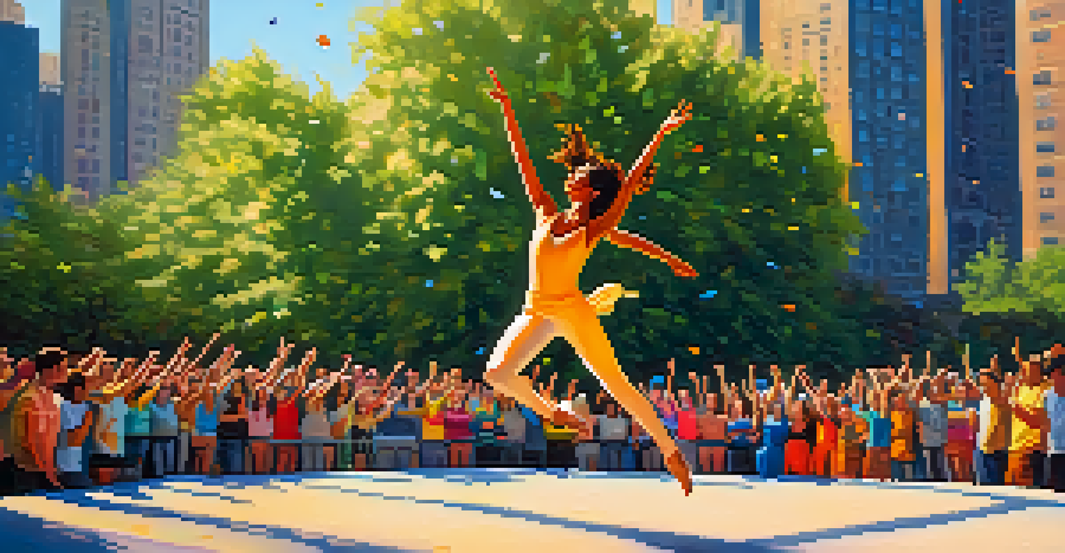 A solo dancer leaping in a city park with a crowd watching and tall buildings in the background.