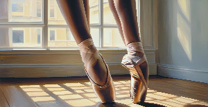 Close-up of a dancer's feet in ballet shoes on a wooden dance floor, with sunlight filtering through a window.