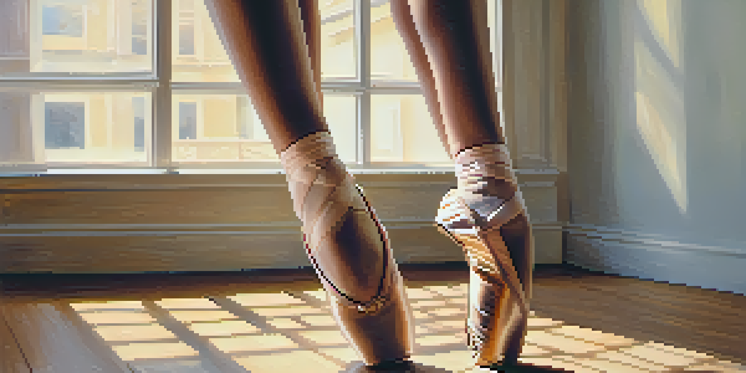 Close-up of a dancer's feet in ballet shoes on a wooden dance floor, with sunlight filtering through a window.