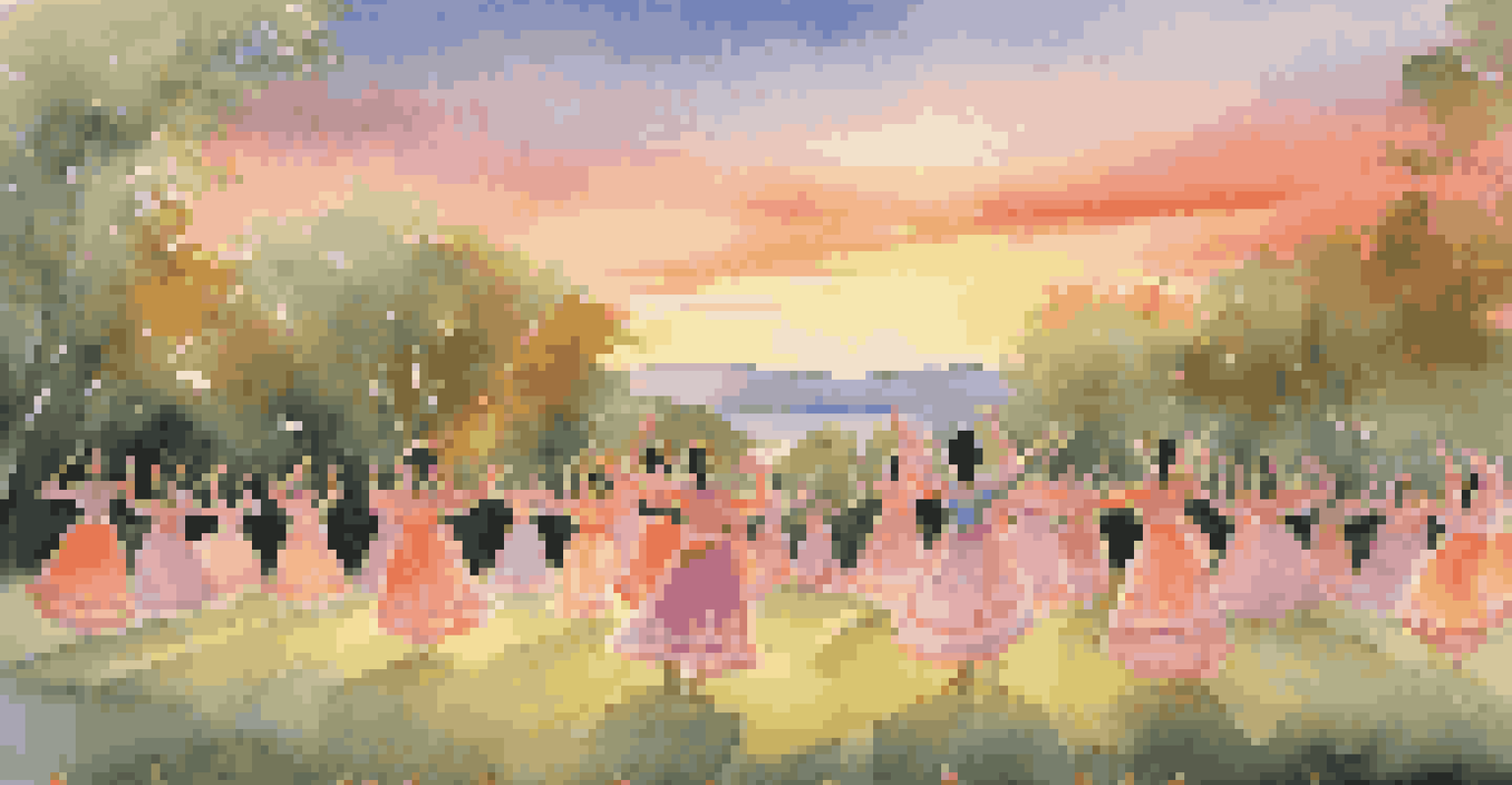 Dancers performing a traditional dance at sunset, surrounded by nature, with an audience watching.