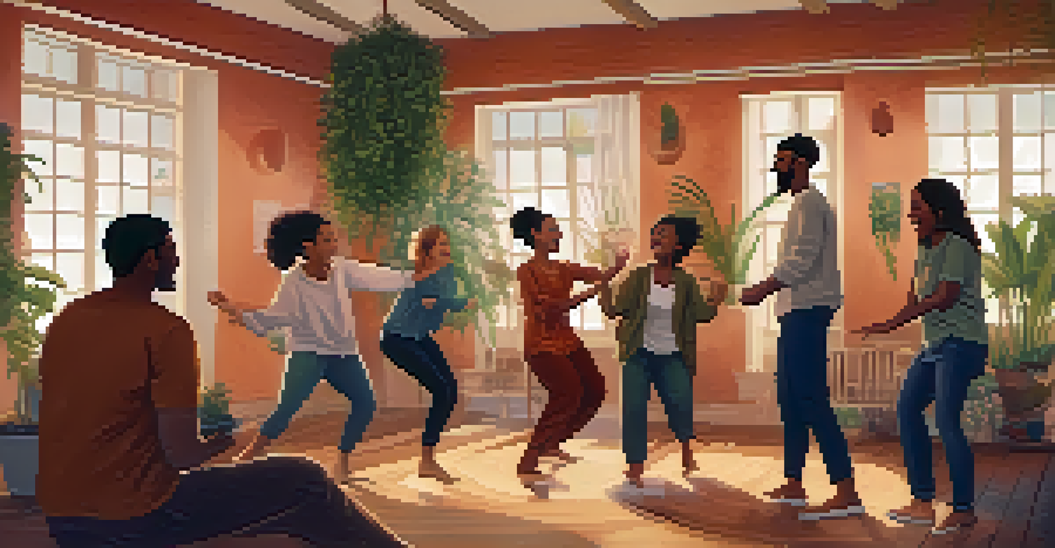 A group of individuals in a supportive dance therapy circle, laughing and expressing themselves in a cozy, warmly lit room.