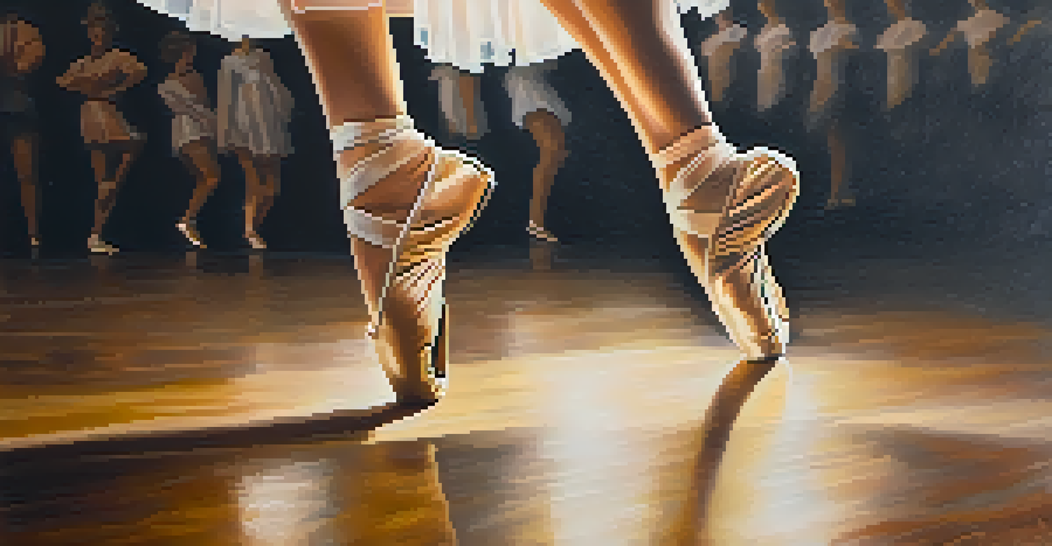 A close-up of a dancer's feet in ballet shoes on a wooden dance floor, highlighting graceful movements.