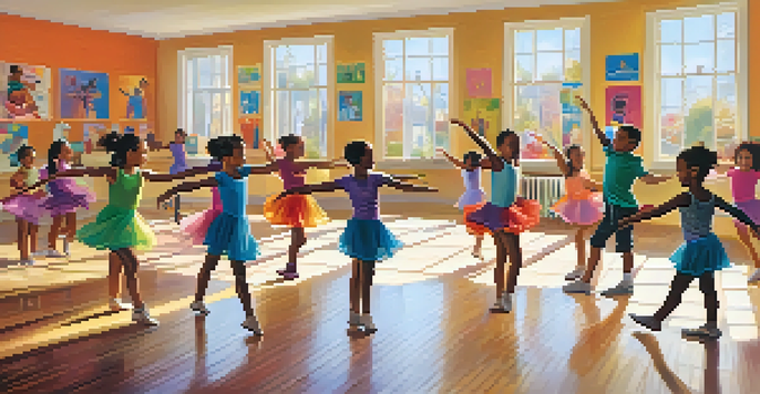 Children of different ethnicities dancing joyfully in a colorful dance studio with sunlight streaming through the windows.