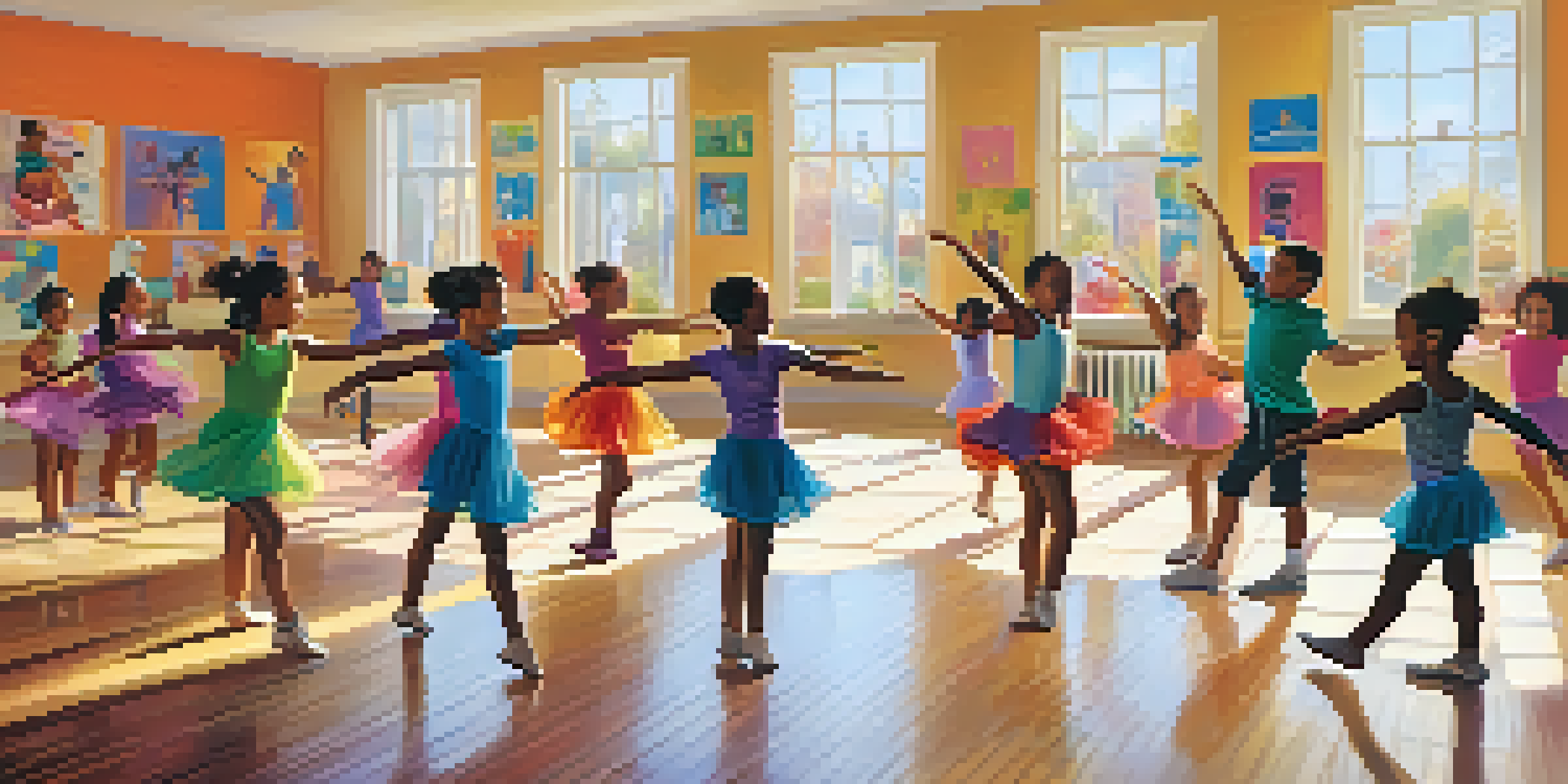 Children of different ethnicities dancing joyfully in a colorful dance studio with sunlight streaming through the windows.