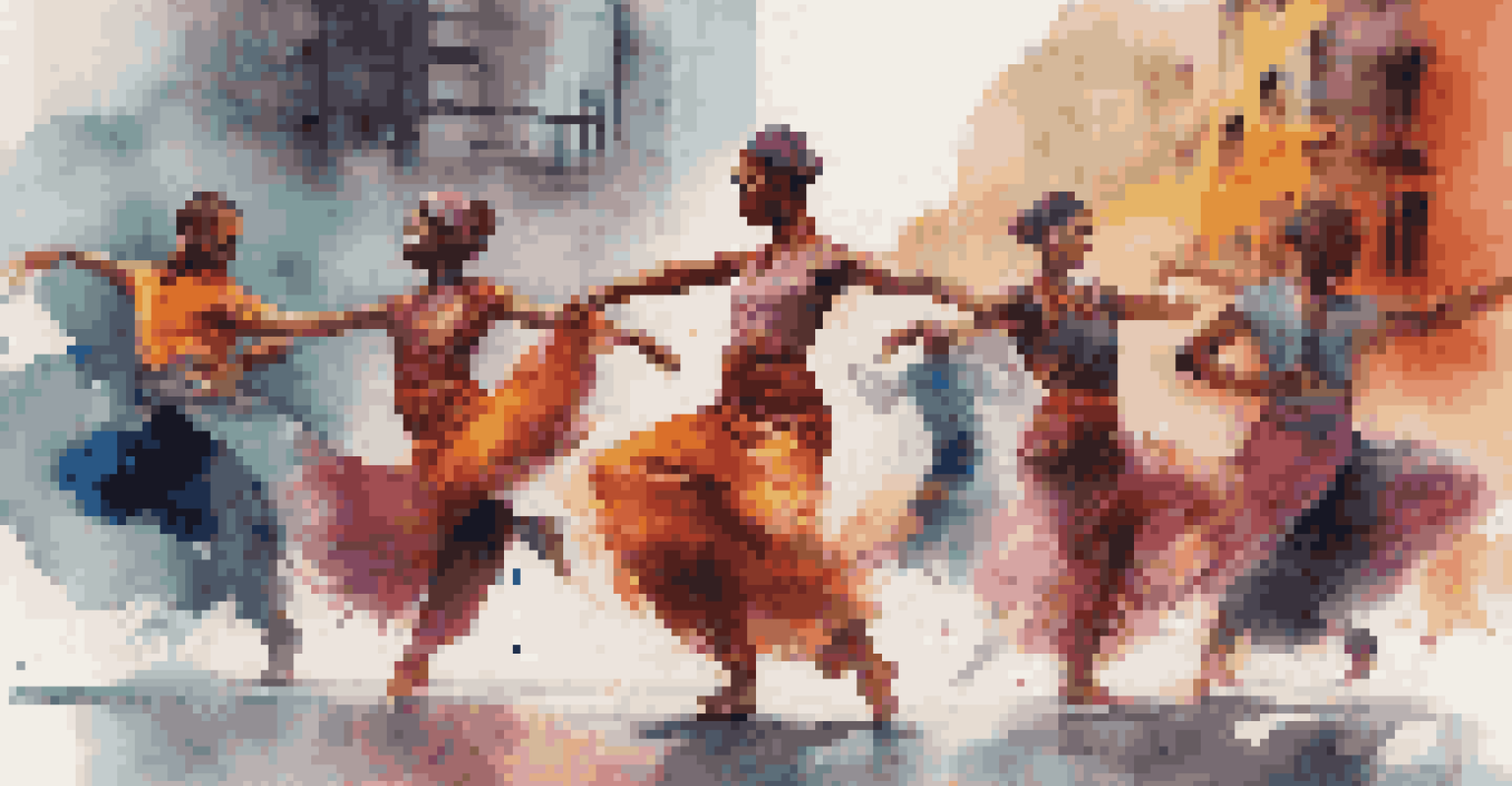 A montage of traditional and contemporary dancers in an urban setting, symbolizing the evolution of dance.
