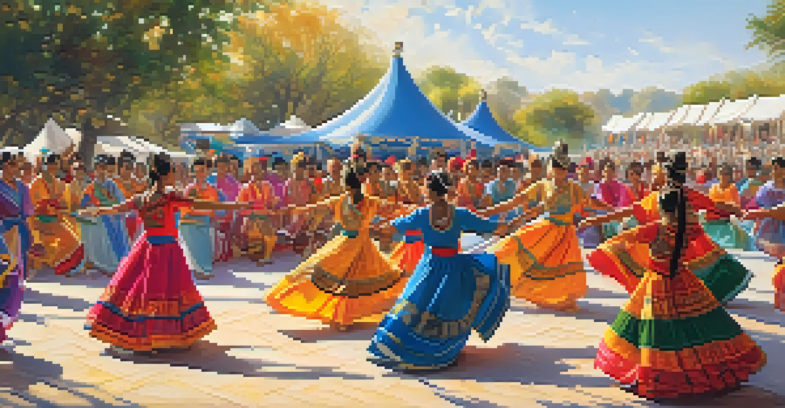 An outdoor cultural festival with dancers in colorful costumes performing, surrounded by an excited audience.