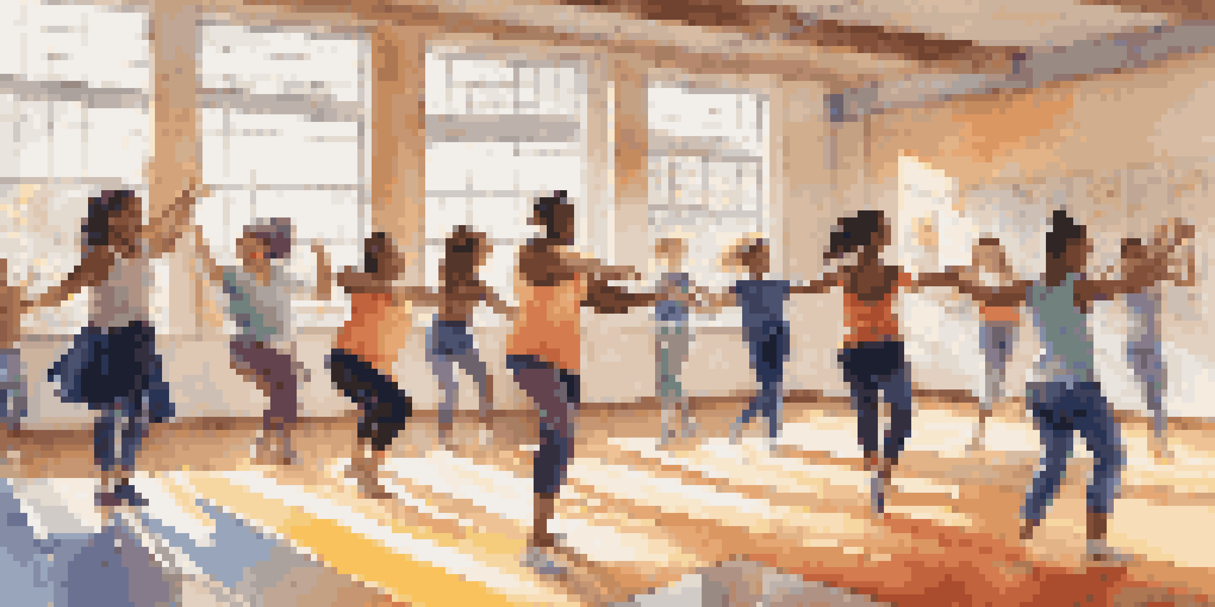 A vibrant dance class with diverse students practicing moves in a well-lit school studio, filled with energy and joy.