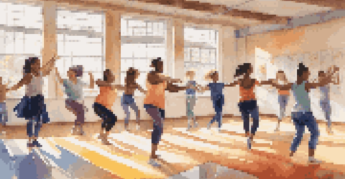 A vibrant dance class with diverse students practicing moves in a well-lit school studio, filled with energy and joy.