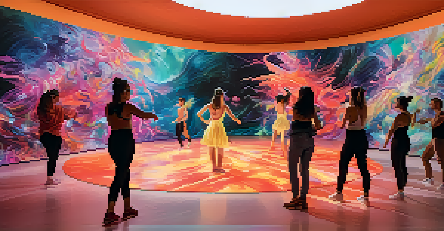 A virtual reality dance performance with a dancer in a colorful digital landscape, surrounded by abstract shapes and vibrant colors.