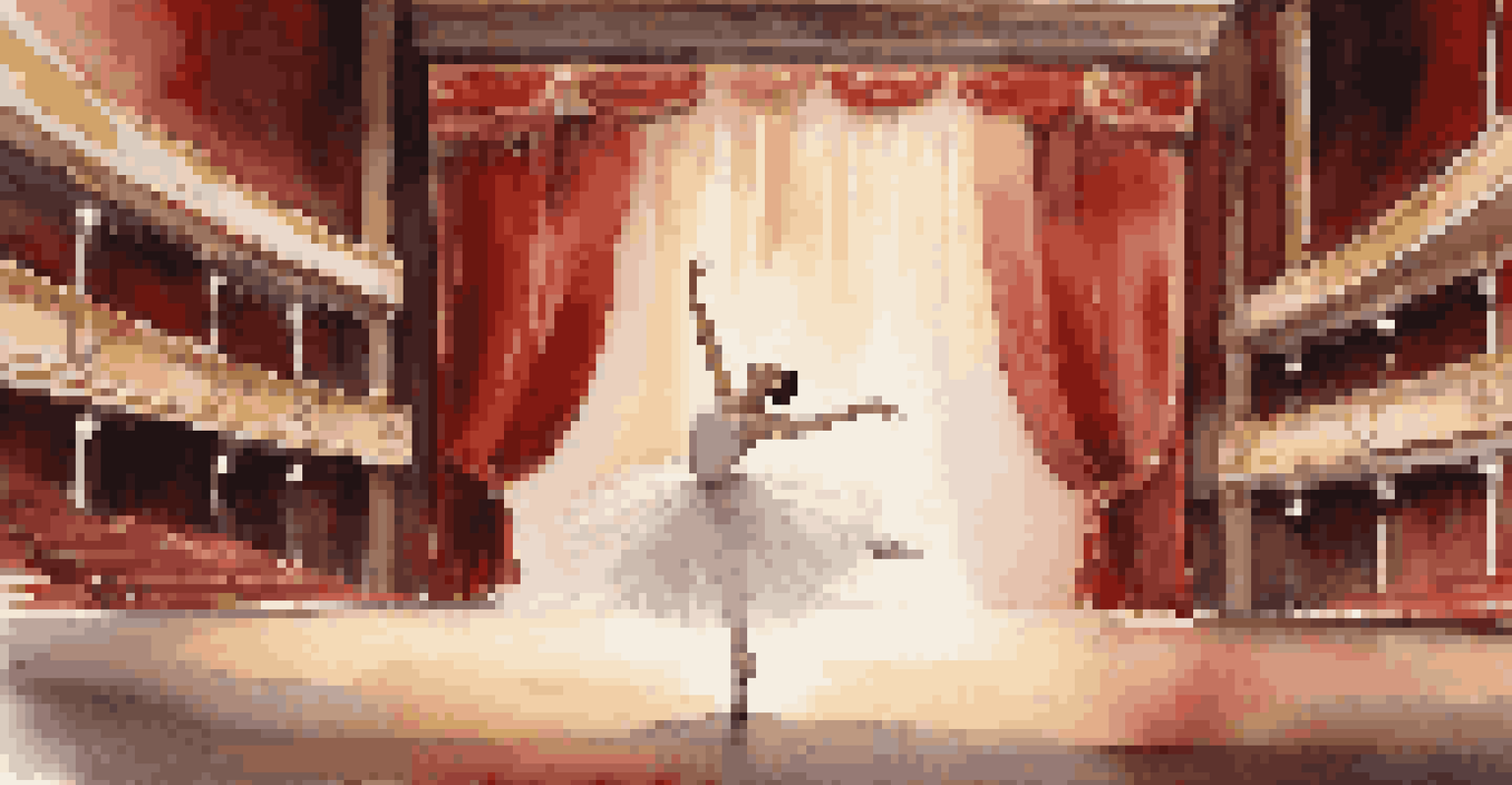 A ballerina performing gracefully on stage in a theater, with soft lighting and rich red curtains in the background.