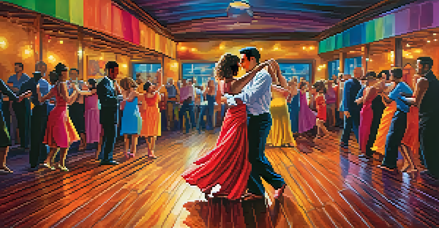 A couple dancing salsa with colorful outfits and energetic expressions on a wooden dance floor.