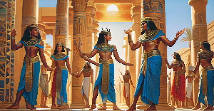 A group of ritual dancers in Ancient Egypt, dressed in colorful costumes, performing in a temple with hieroglyphics in the background.