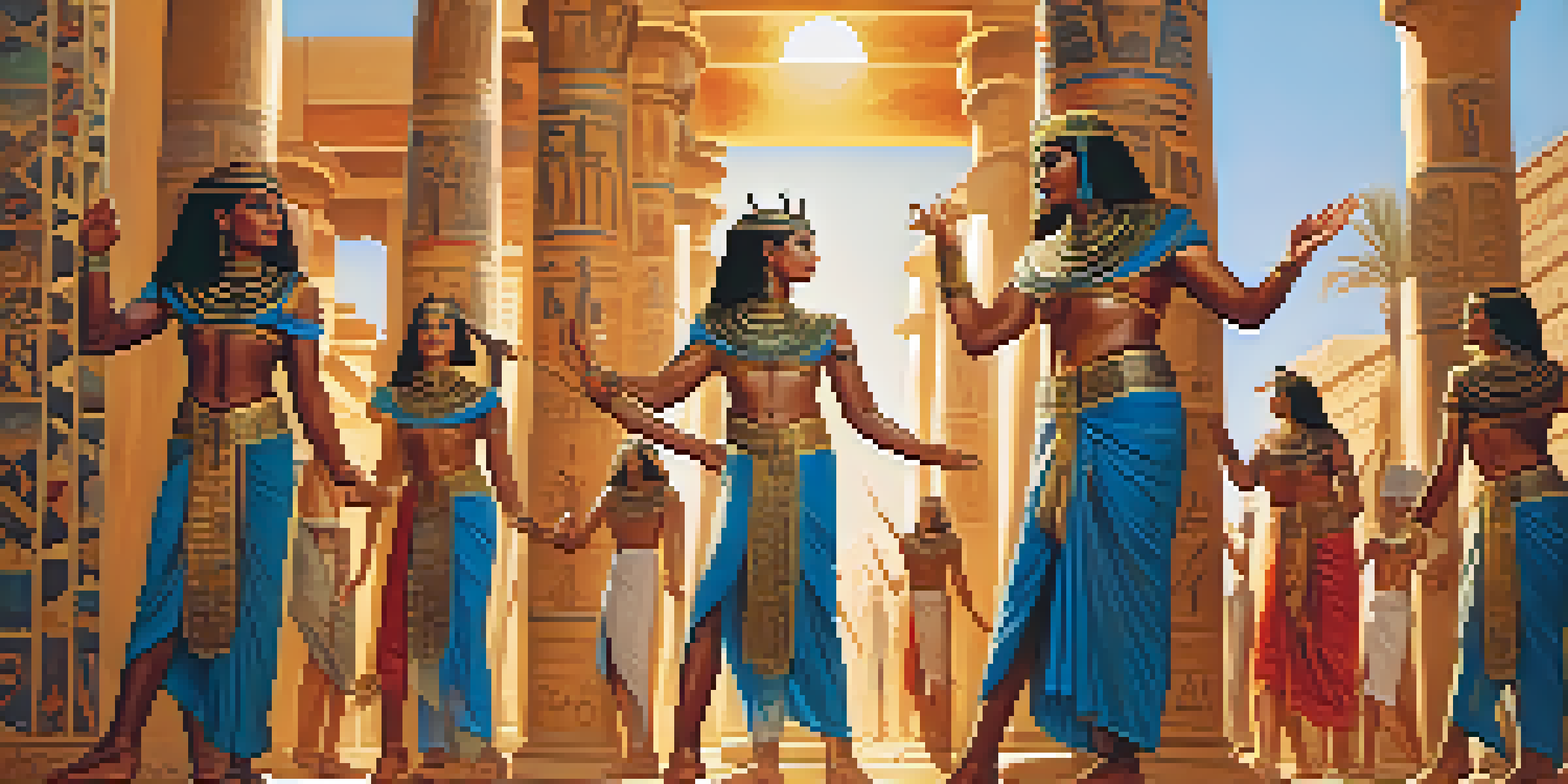 A group of ritual dancers in Ancient Egypt, dressed in colorful costumes, performing in a temple with hieroglyphics in the background.