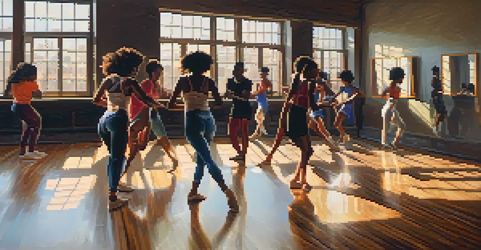 A dance workshop featuring dancers practicing hip-hop and African dance in a well-lit studio with mirrors and wooden floors.