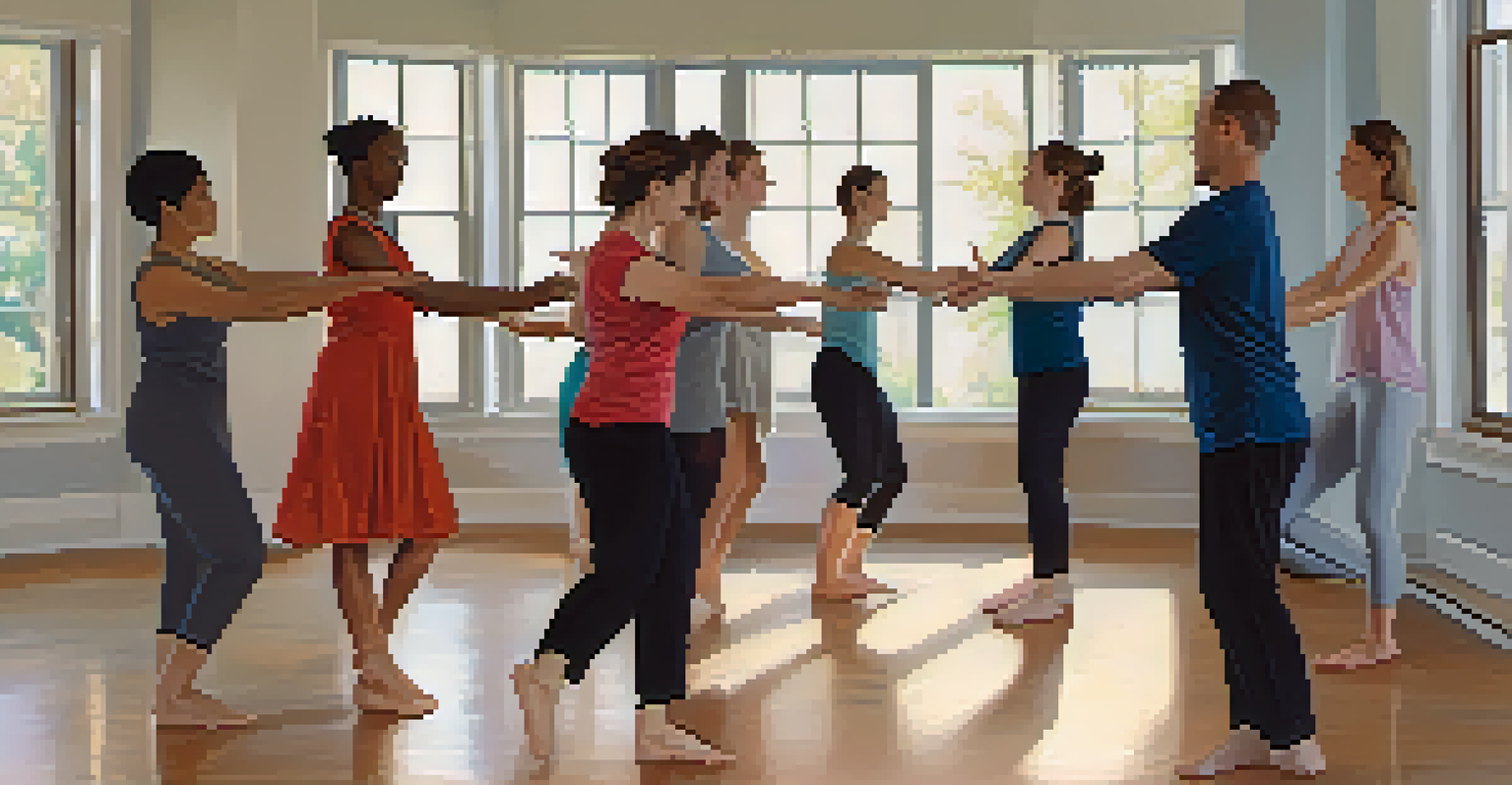 A calming dance therapy session with participants engaging in gentle movements under soft lighting.