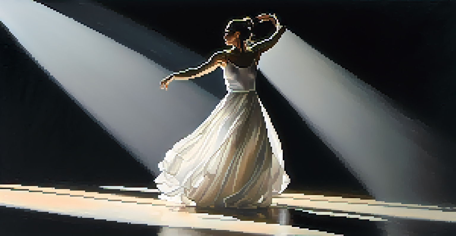 A solo dancer in a flowing white costume performing on a dimly lit stage, illuminated by a spotlight.