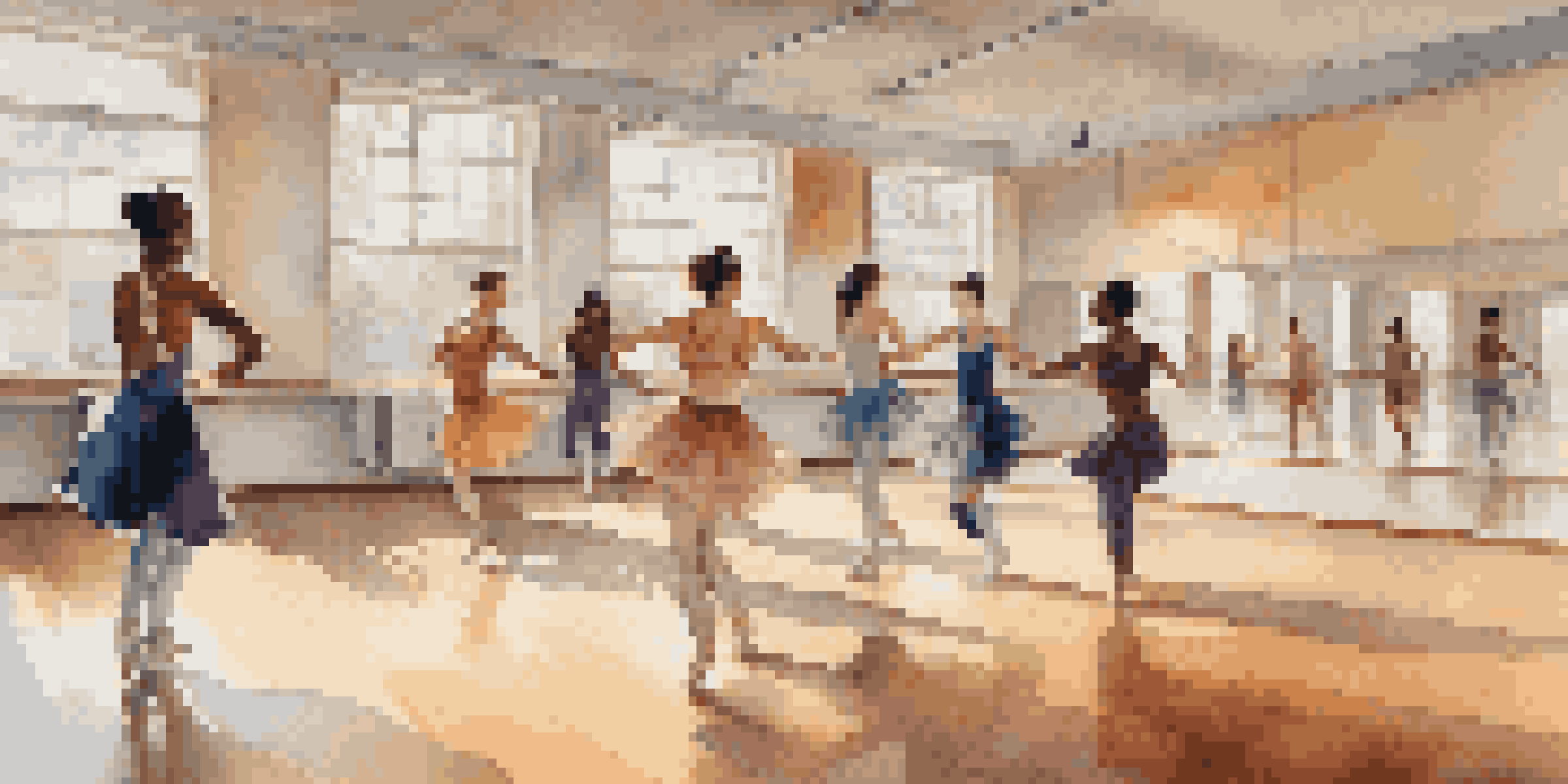A diverse group of dancers in a studio, showcasing various dance moves and styles, surrounded by mirrors and colorful artwork.