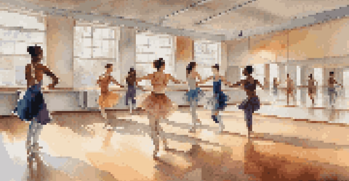 A diverse group of dancers in a studio, showcasing various dance moves and styles, surrounded by mirrors and colorful artwork.