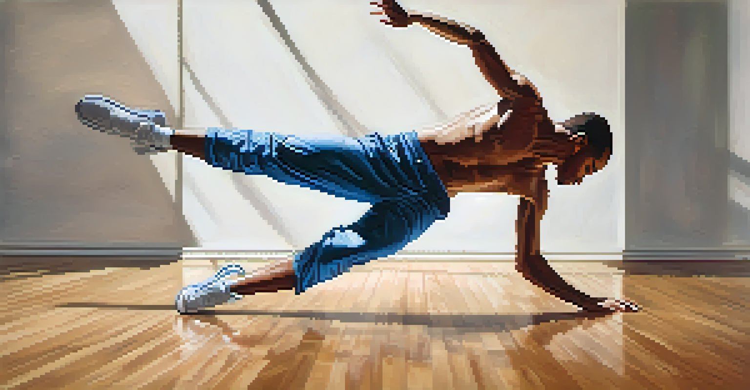 A breakdancer in a freeze position on a wooden floor, showcasing strength and elegance.