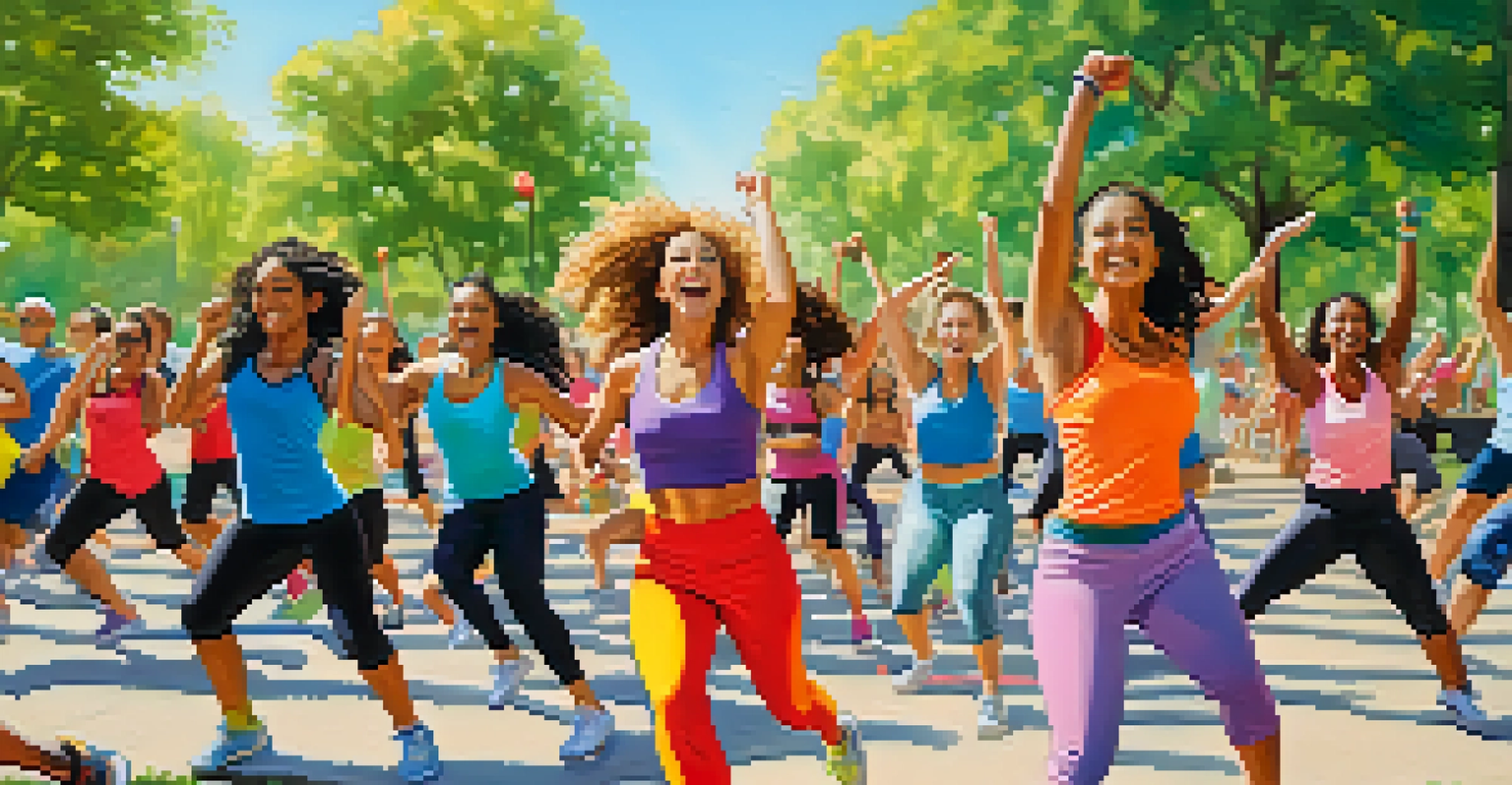 An outdoor Zumba class in a park with diverse participants dancing energetically against a vibrant natural backdrop.
