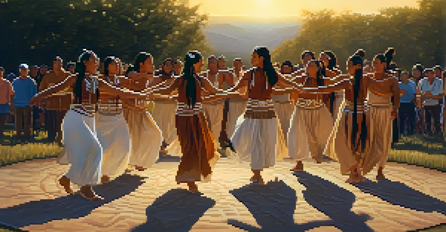 A group of Native American dancers performing a healing dance in a circular formation during sunset.
