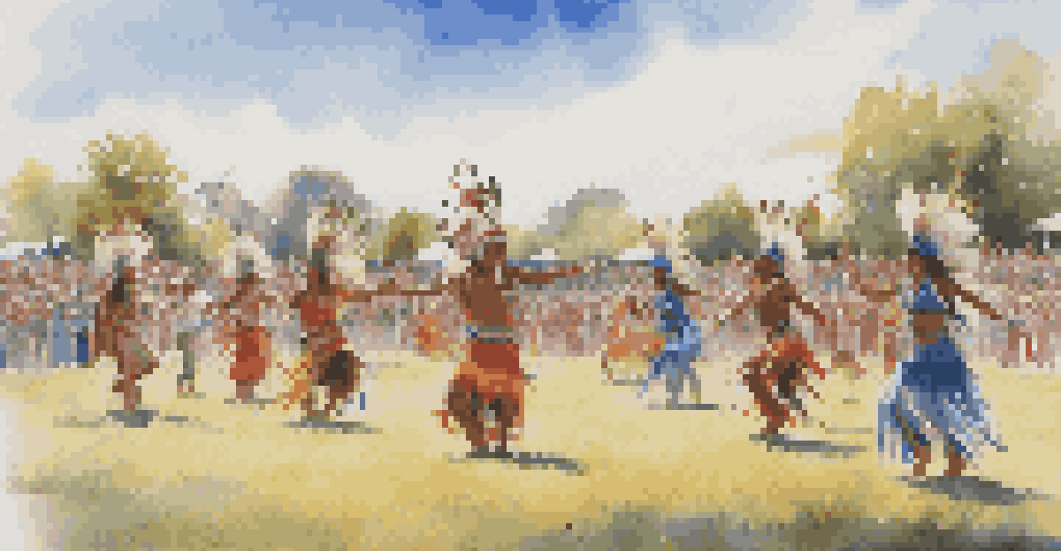 Traditional Native American dancers in colorful regalia performing at a cultural festival, with an audience watching and a bright blue sky above.