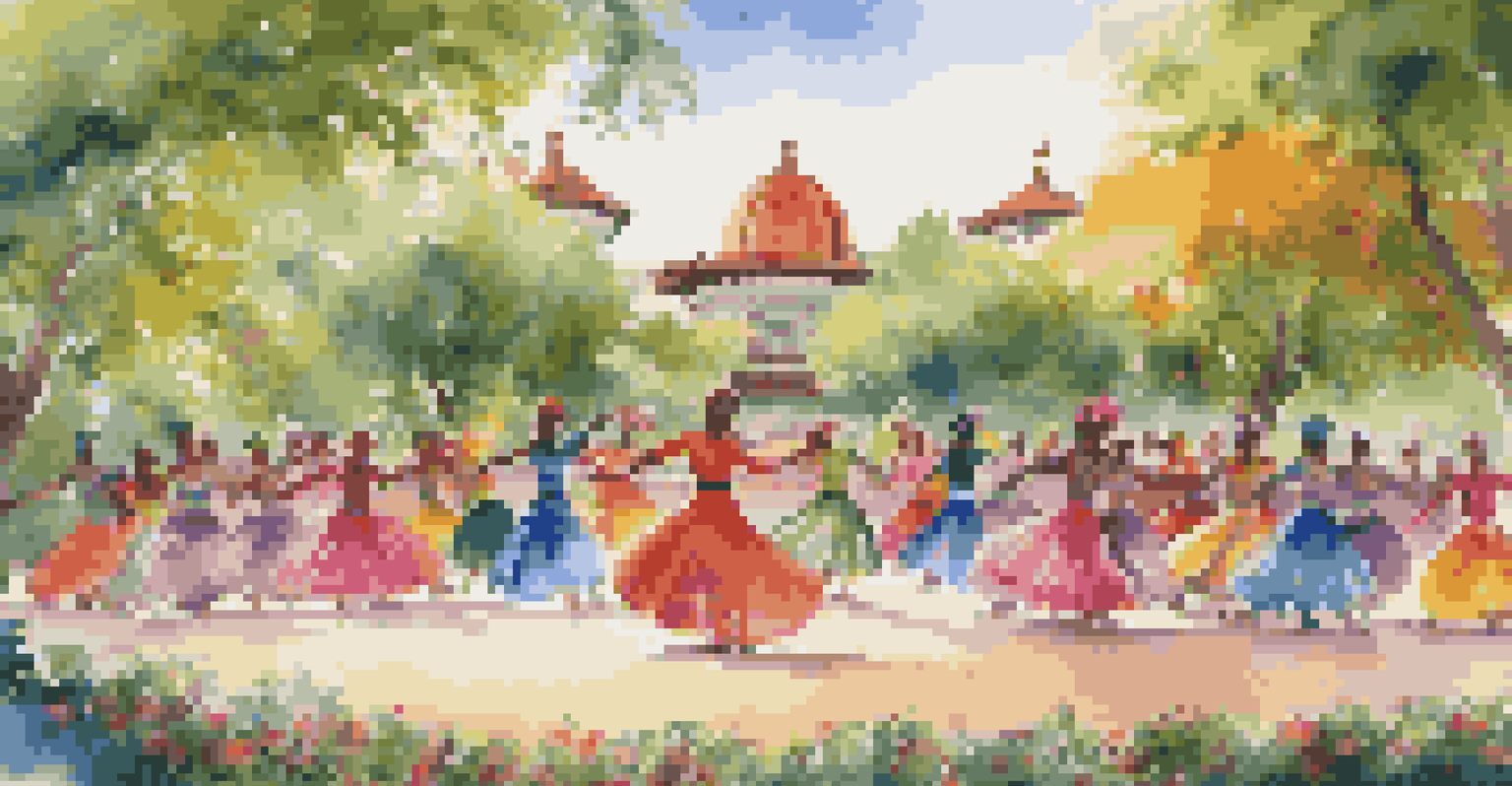 Dancers from various cultures performing a fusion of traditional and contemporary dance styles in a beautiful park setting.