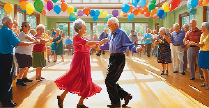 An elderly couple enjoying a lively salsa dance in a bright community center, surrounded by colorful decorations.