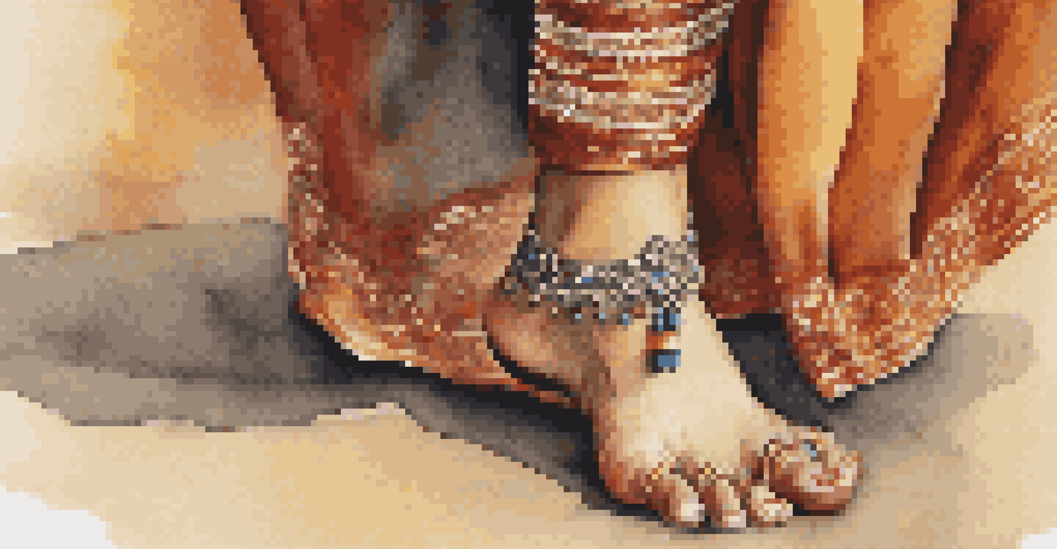 A close-up view of a dancer's feet adorned with ankle bells, performing traditional Indian dance, with a blurred background highlighting the movement.