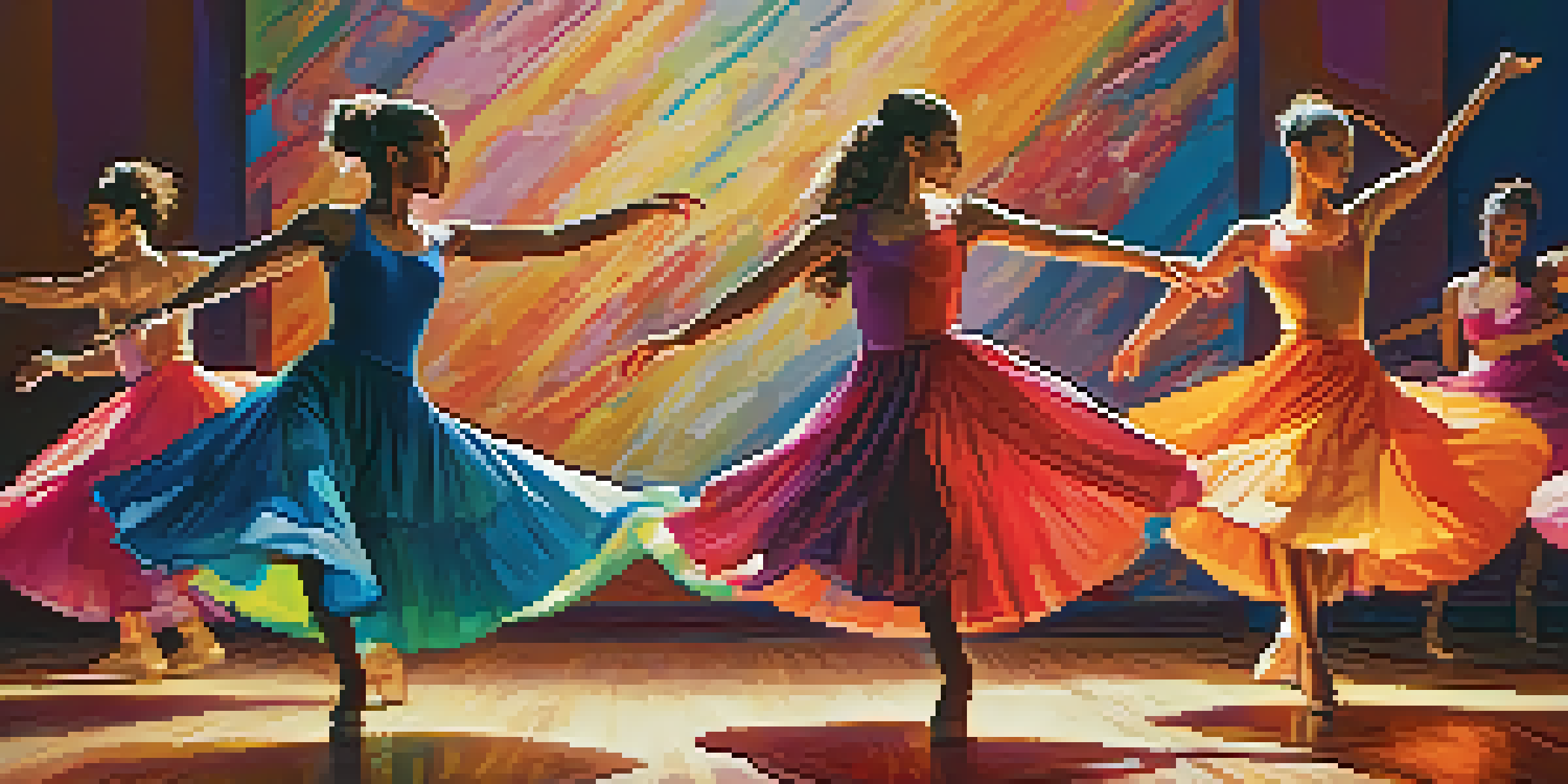 A lively contemporary dance performance with dancers in colorful costumes, warm lighting, and an abstract background.