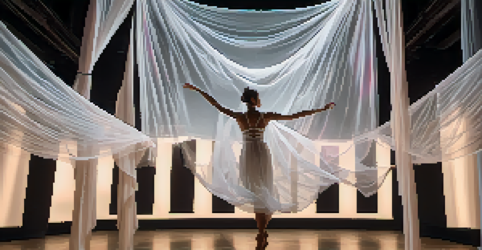 An immersive art installation where a dancer performs among hanging fabric and projected visuals, creating a surreal environment.